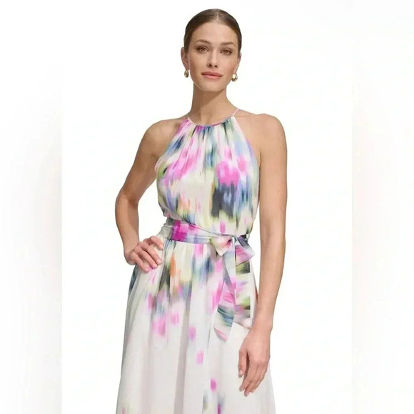 DKNY Printed Halter Tie-Waist Midi Dress Size 10 - Picture 5 of 8